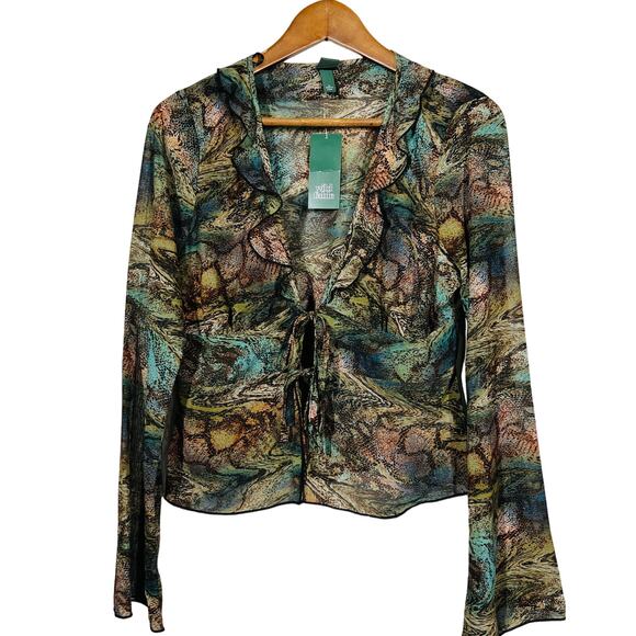 NEW! Wild Fable Semi Sheer Tie Front Blouse Top Casual Ruffle Crop - M - Picture 1 of 4